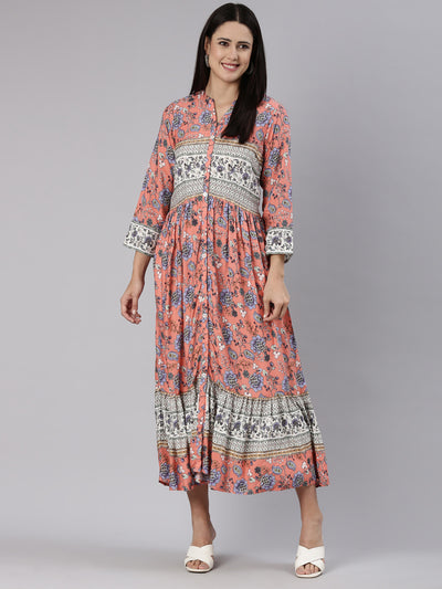 Neeru's Coral Straight Casual Floral Dress