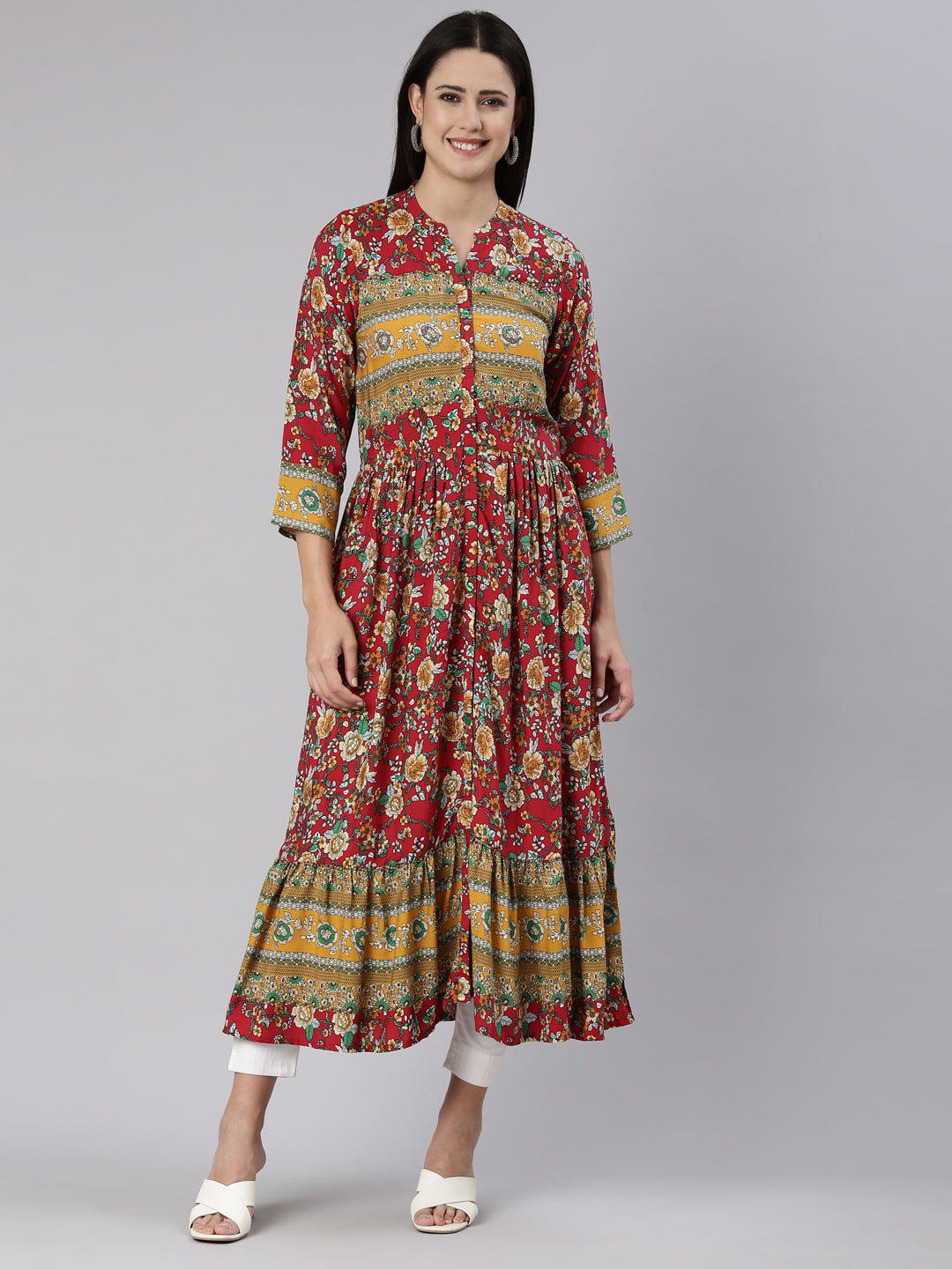 Neeru's Red Straight Casual Floral Dress