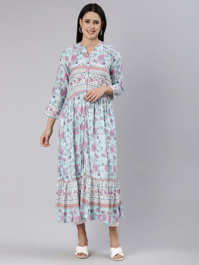 Neeru's Blue Straight Casual Floral Dress