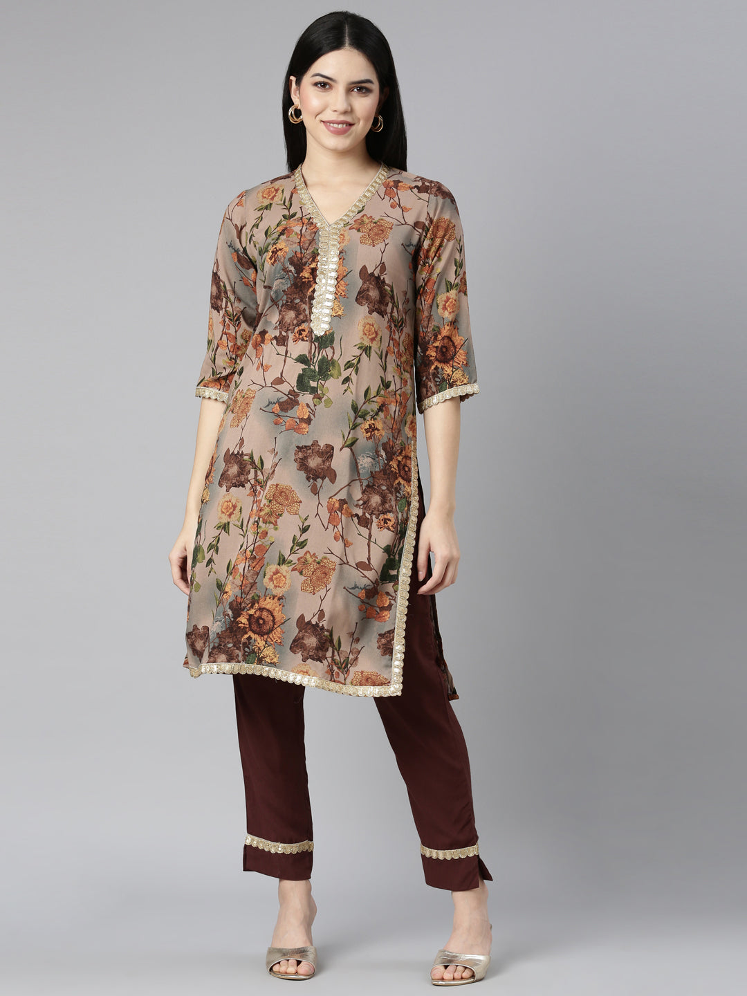 Neerus Beige Regular Straight Floral Kurta And Trousers