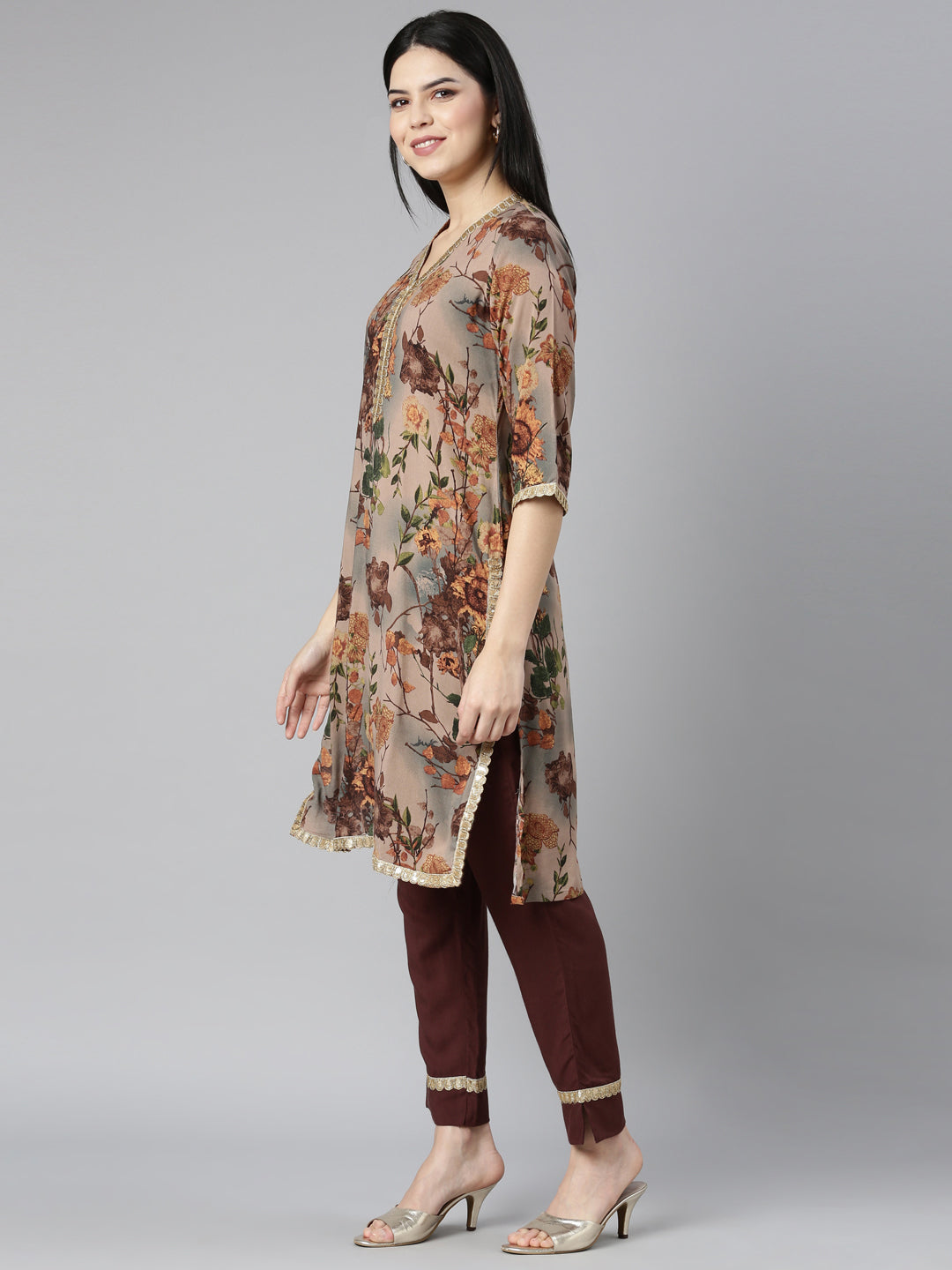 Neerus Beige Regular Straight Floral Kurta And Trousers