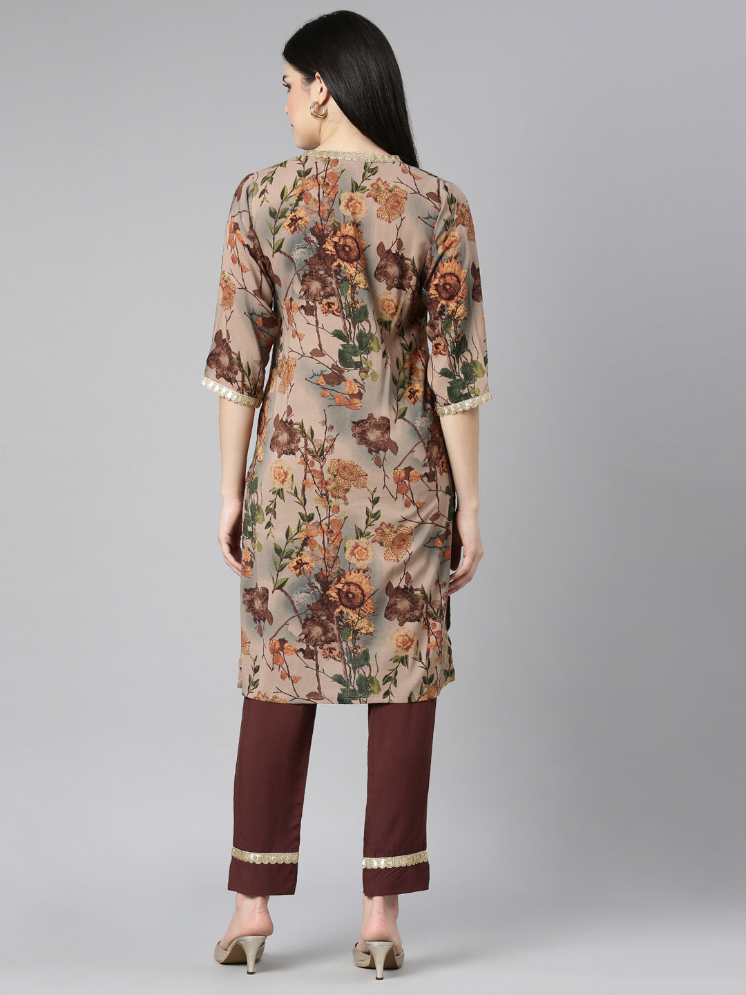 Neerus Beige Regular Straight Floral Kurta And Trousers