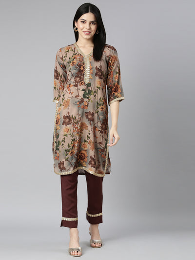 Neerus Beige Regular Straight Floral Kurta And Trousers