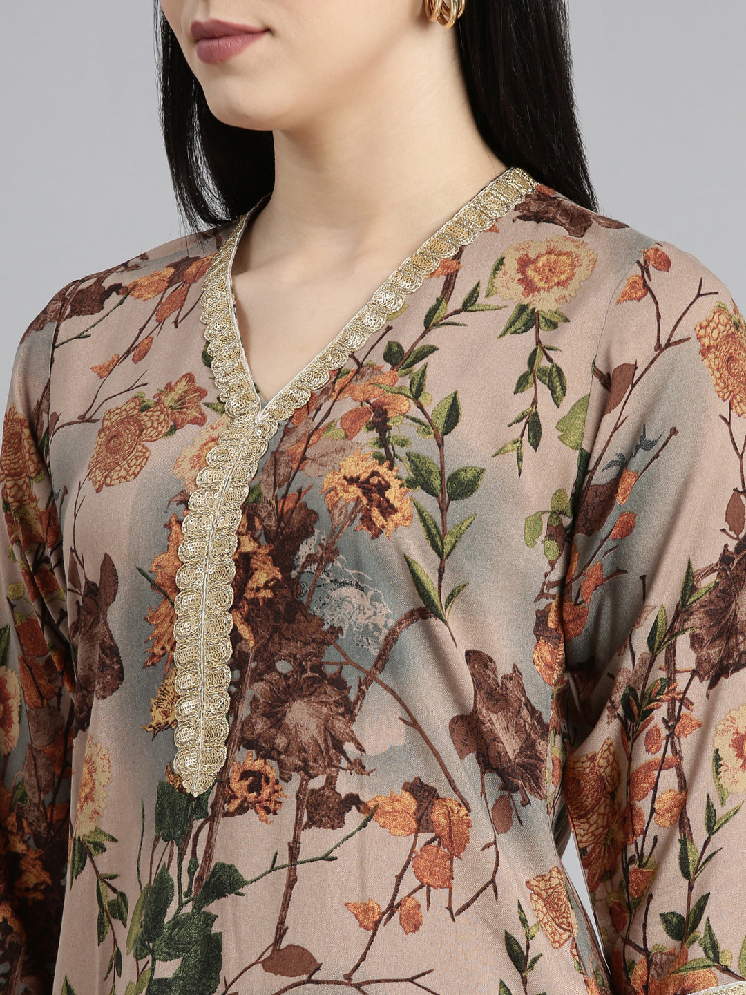 Neerus Beige Regular Straight Floral Kurta And Trousers