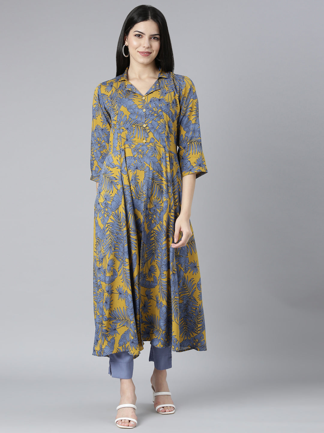 Neerus Mustard Regular Straight Floral Kurta And Trousers