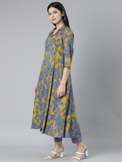 Neerus Mustard Regular Straight Floral Kurta And Trousers