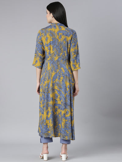 Neerus Mustard Regular Straight Floral Kurta And Trousers