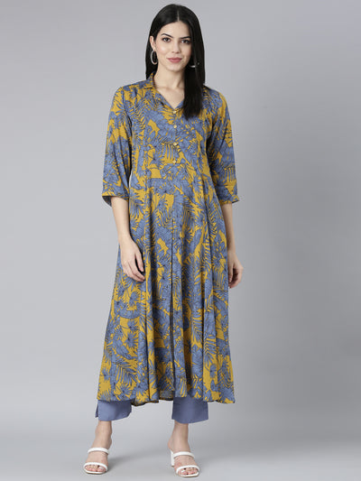 Neerus Mustard Regular Straight Floral Kurta And Trousers