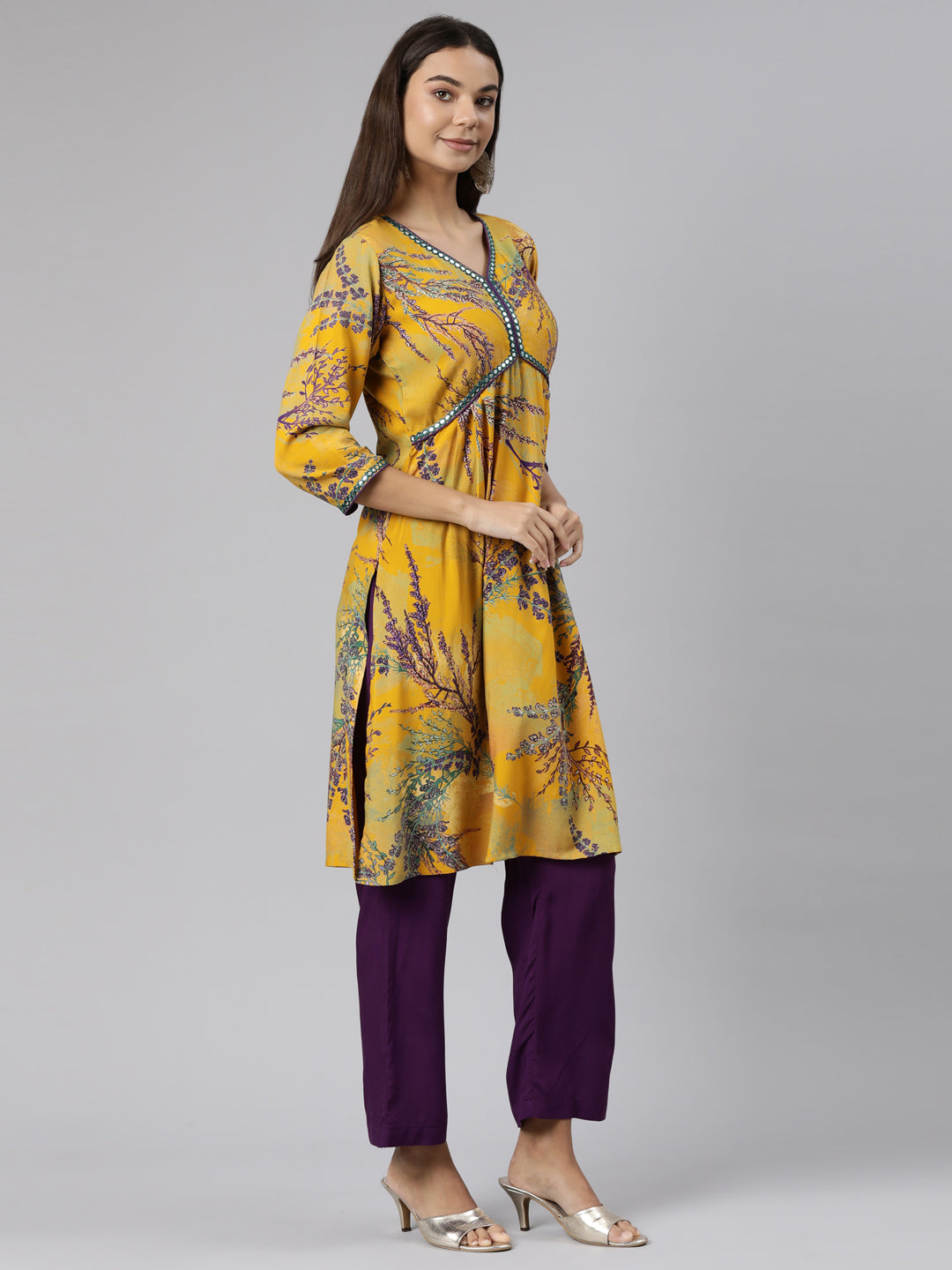 Neeru's Mustard Regular Straight Tribal Kurta And Trousers