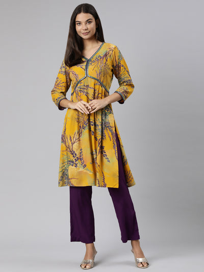 Neeru's Mustard Regular Straight Tribal Kurta And Trousers