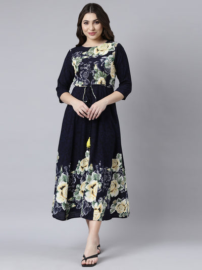 Neerus Navy Blue Straight Casual Floral Maxi Dresses