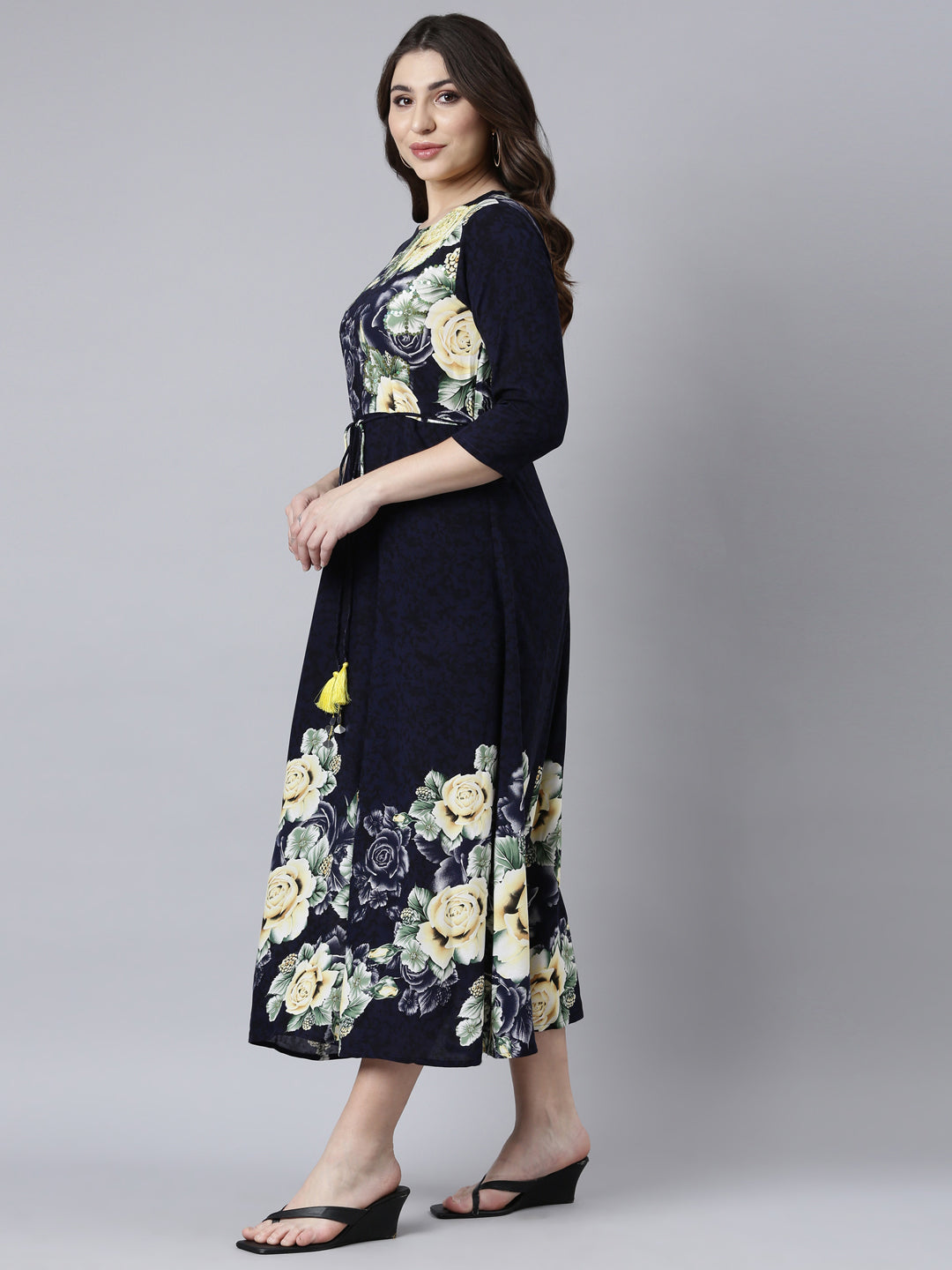 Neerus Navy Blue Straight Casual Floral Maxi Dresses