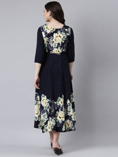 Neerus Navy Blue Straight Casual Floral Maxi Dresses