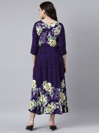 Neerus Purple Straight Casual Floral Maxi Dresses