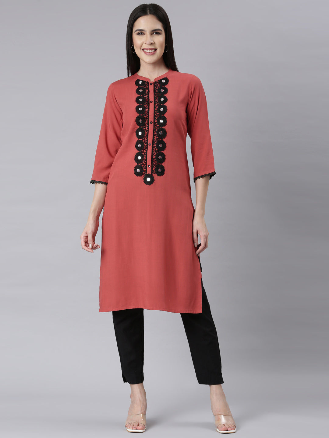 Neerus Rust Panelled Straight Embellished Kurtas