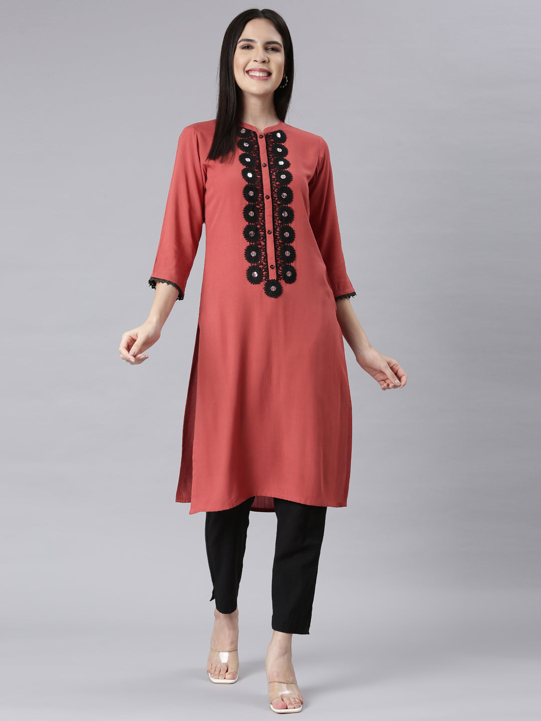 Neerus Rust Panelled Straight Embellished Kurtas