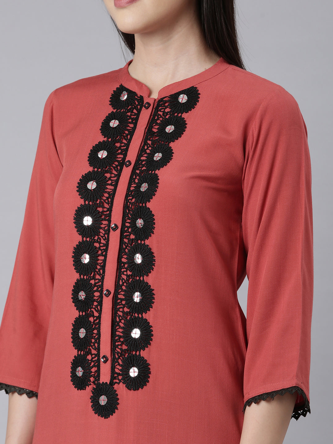 Neerus Rust Panelled Straight Embellished Kurtas