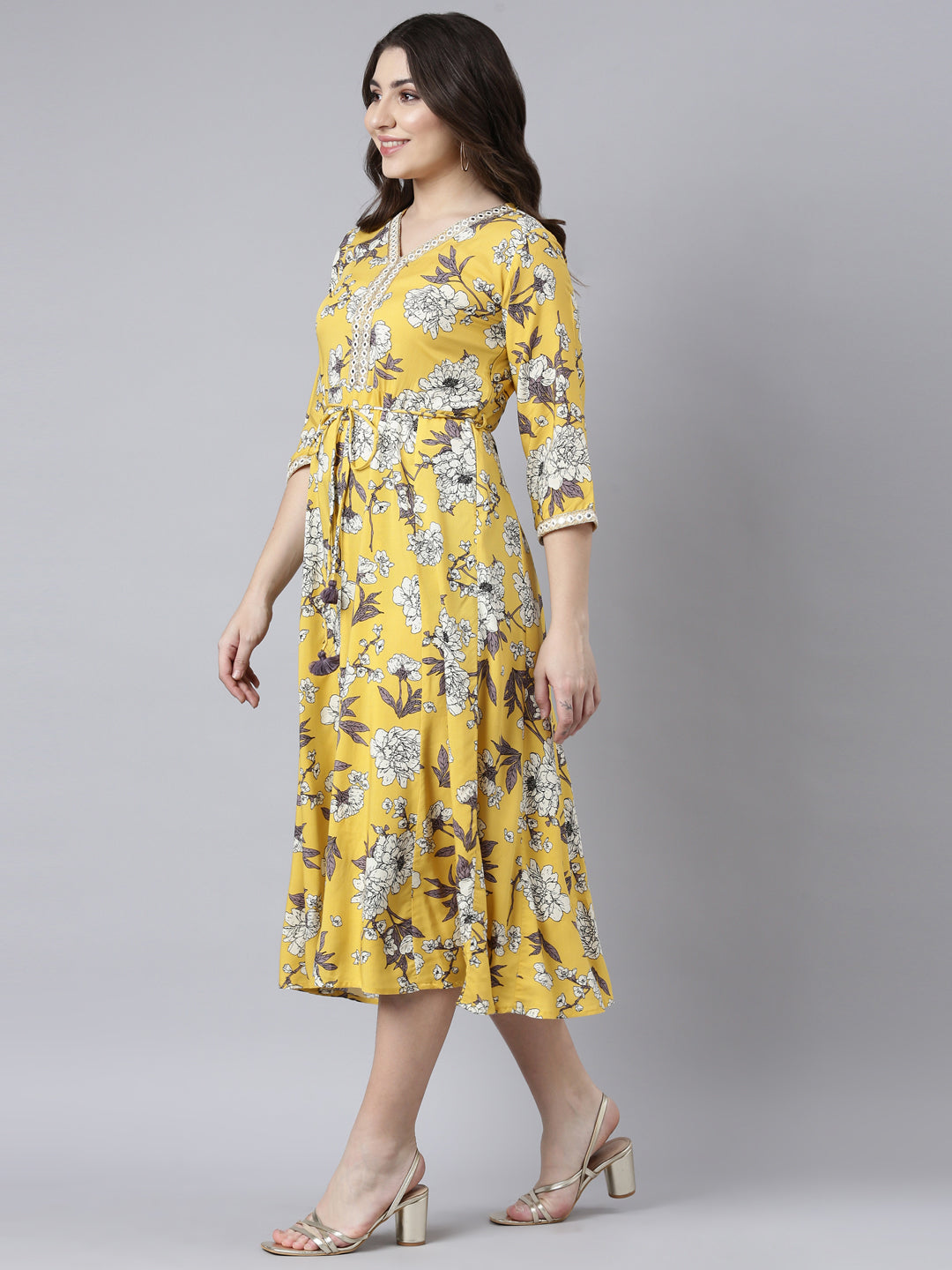 Neerus Mustard Straight Casual Floral Maxi Dresses