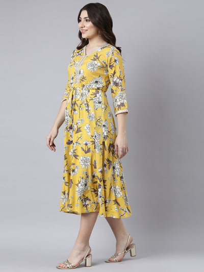 Neerus Mustard Straight Casual Floral Maxi Dresses