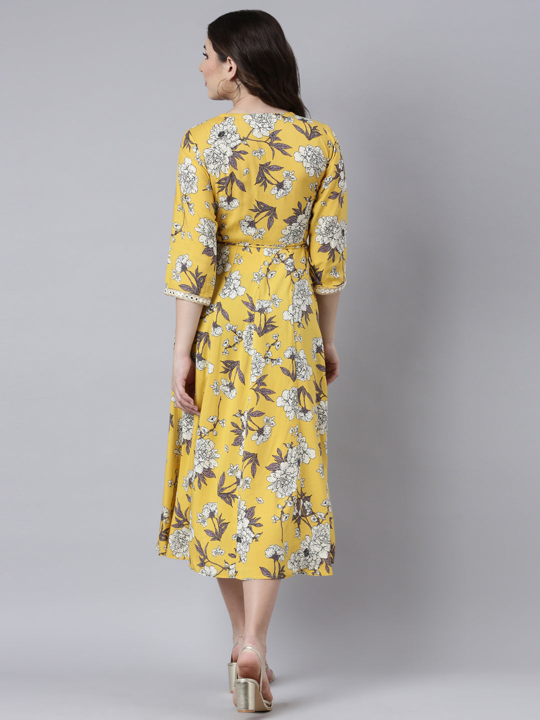 Neerus Mustard Straight Casual Floral Maxi Dresses