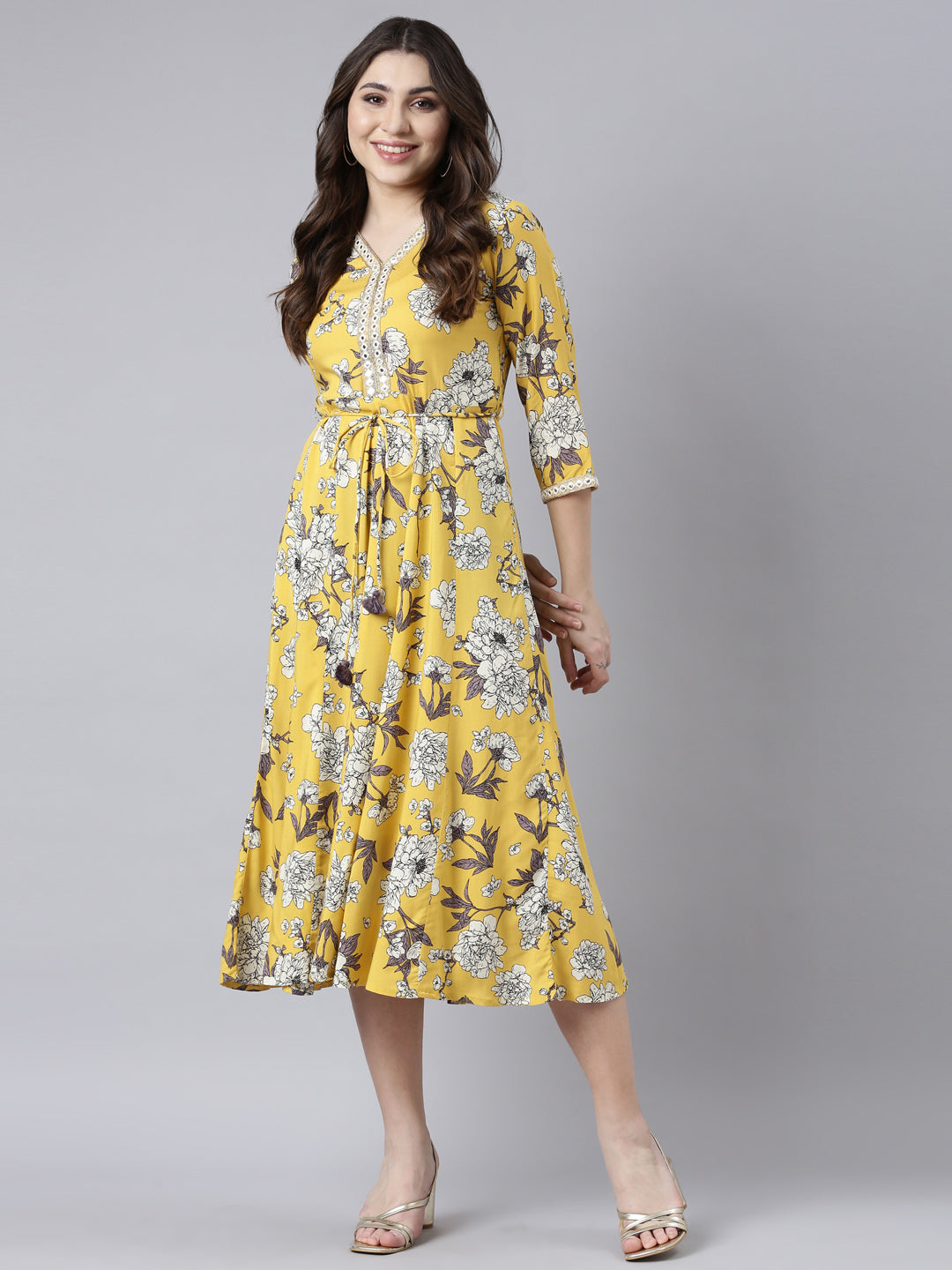 Neerus Mustard Straight Casual Floral Maxi Dresses