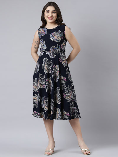 Neerus Navy Blue Straight Casual Floral Maxi Dresses