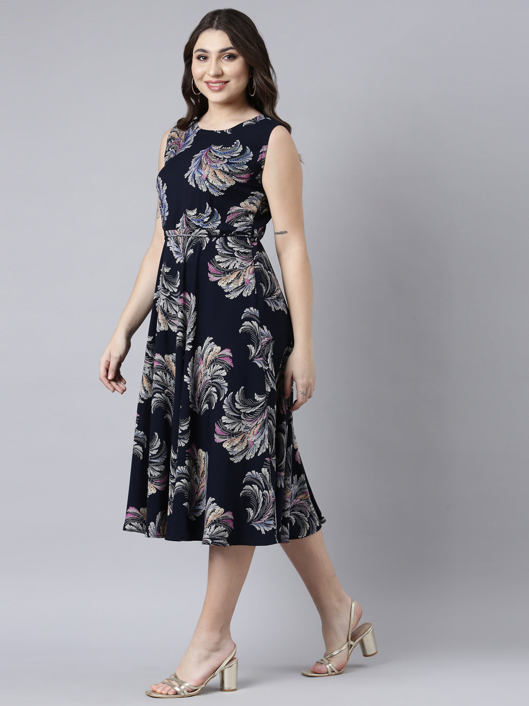 Neerus Navy Blue Straight Casual Floral Maxi Dresses