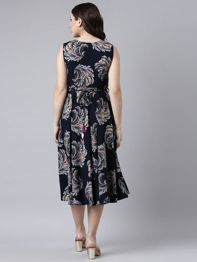 Neerus Navy Blue Straight Casual Floral Maxi Dresses