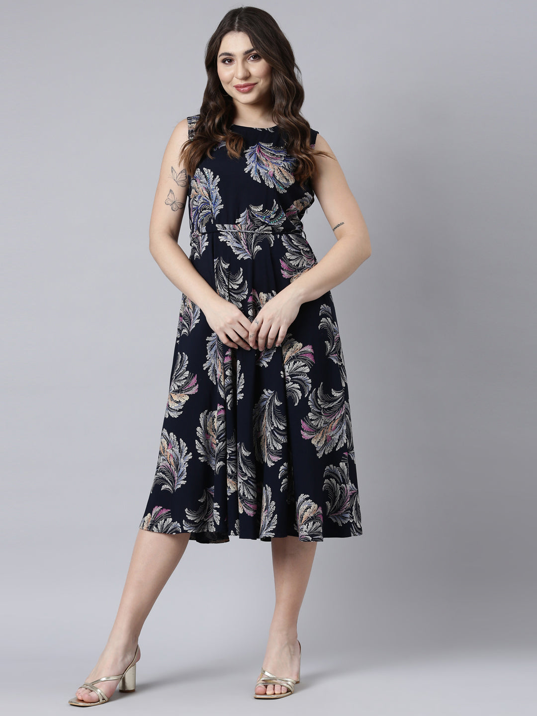 Neerus Navy Blue Straight Casual Floral Maxi Dresses