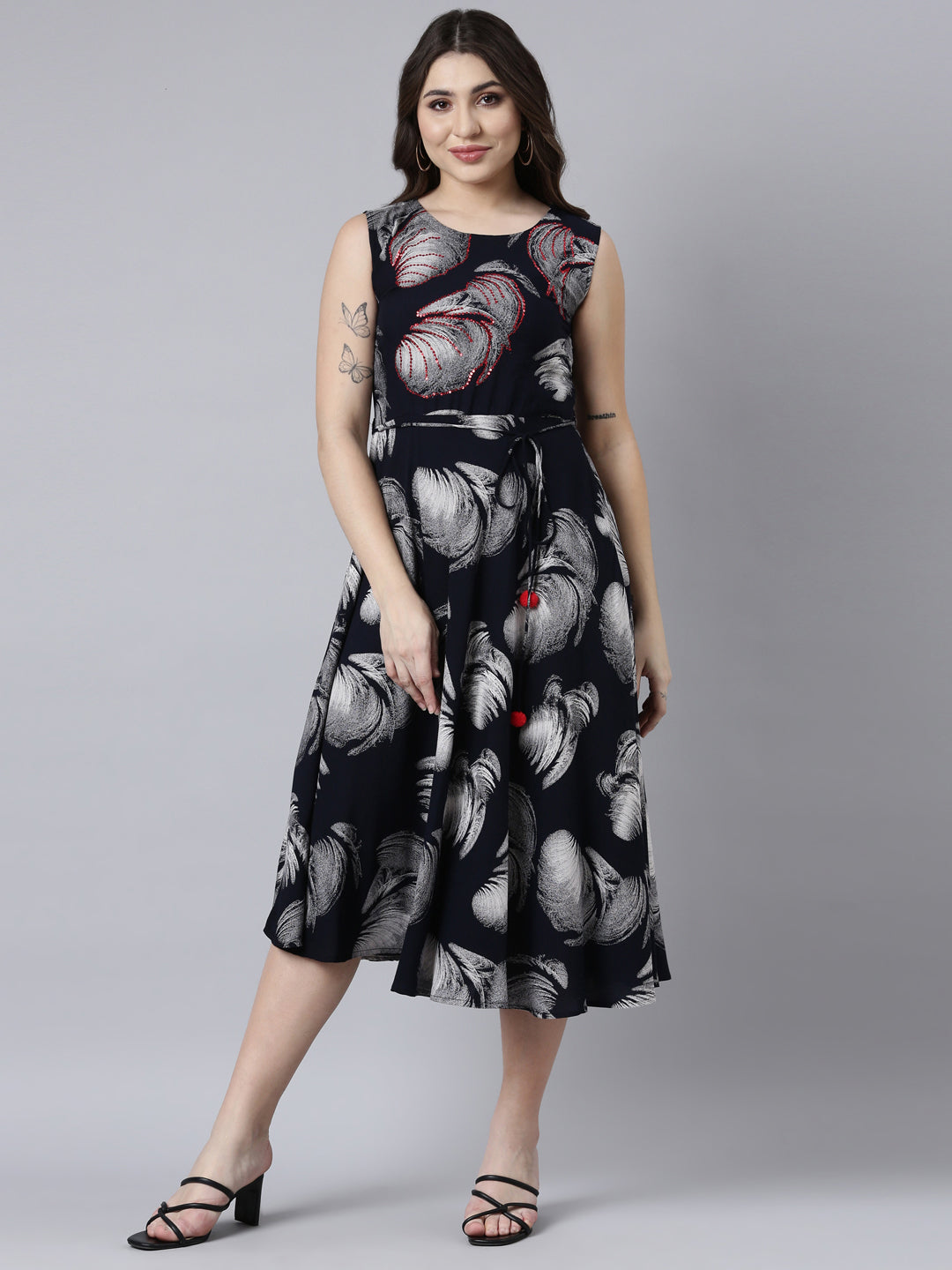 Neerus Navy Blue Straight Casual Floral Maxi Dresses