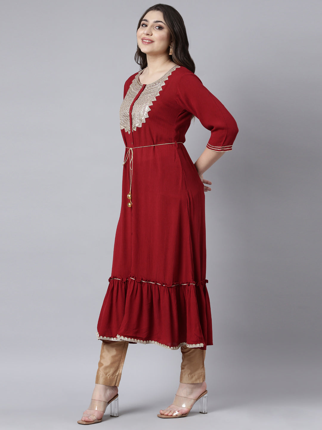 Neerus Maroon Straight Casual Solid Maxi Dresses