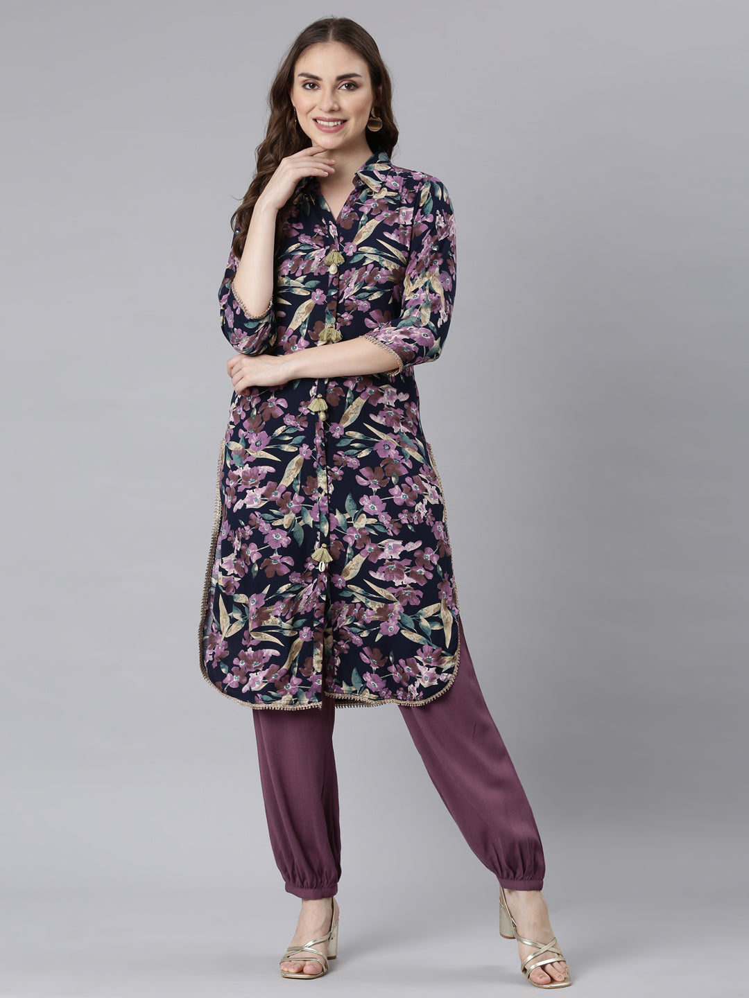 Neerus Printed Panelled Straight Floral Kurta And Trousers