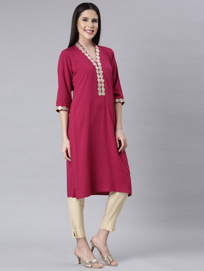 Neerus Magenta Panelled Straight Embellished Kurtas