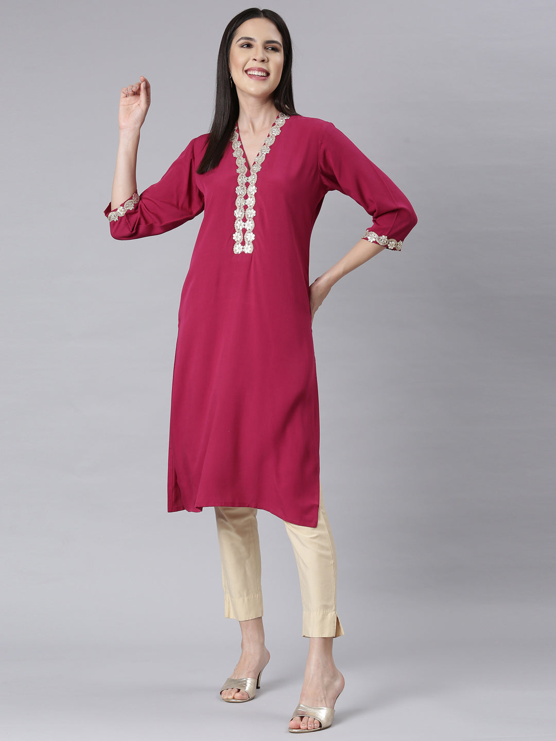 Neerus Magenta Panelled Straight Embellished Kurtas