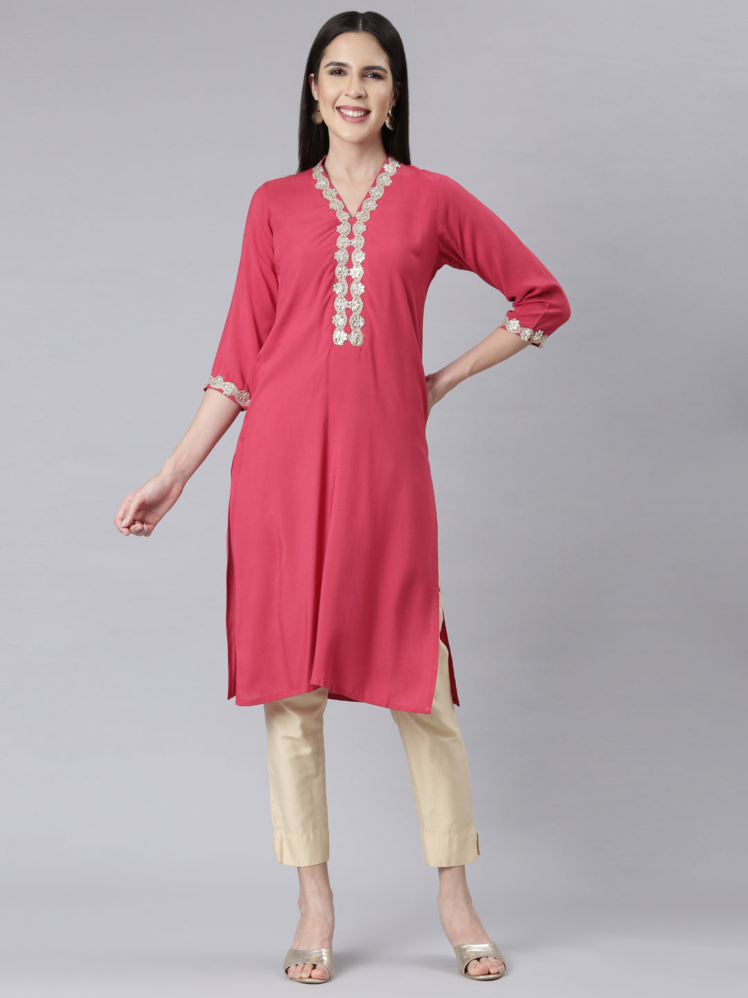 Neerus Rani Panelled Straight Embellished Kurtas