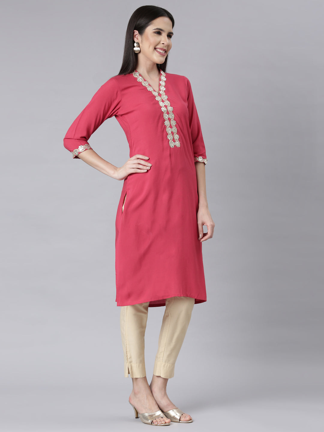 Neerus Rani Panelled Straight Embellished Kurtas