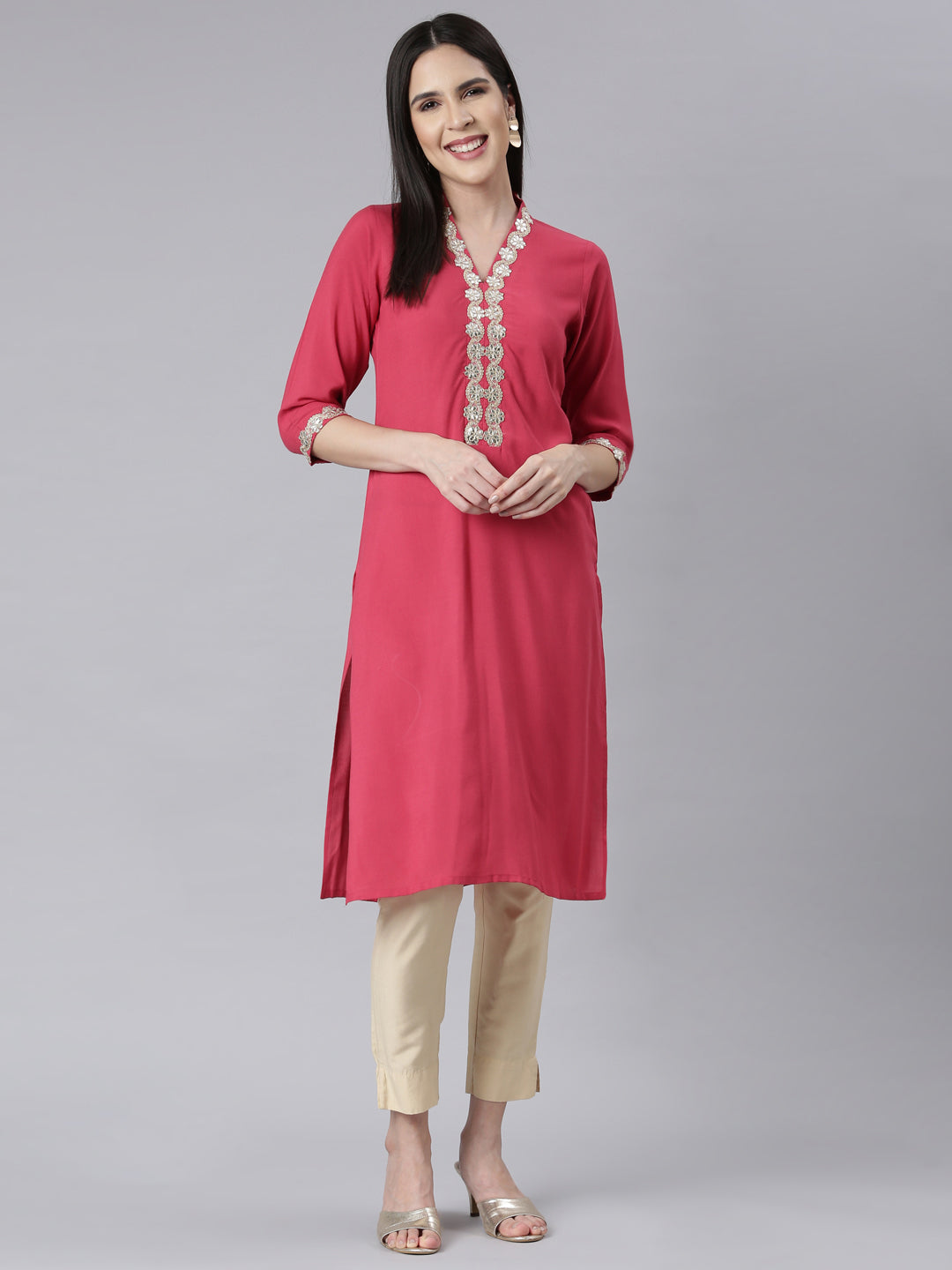 Neerus Rani Panelled Straight Embellished Kurtas