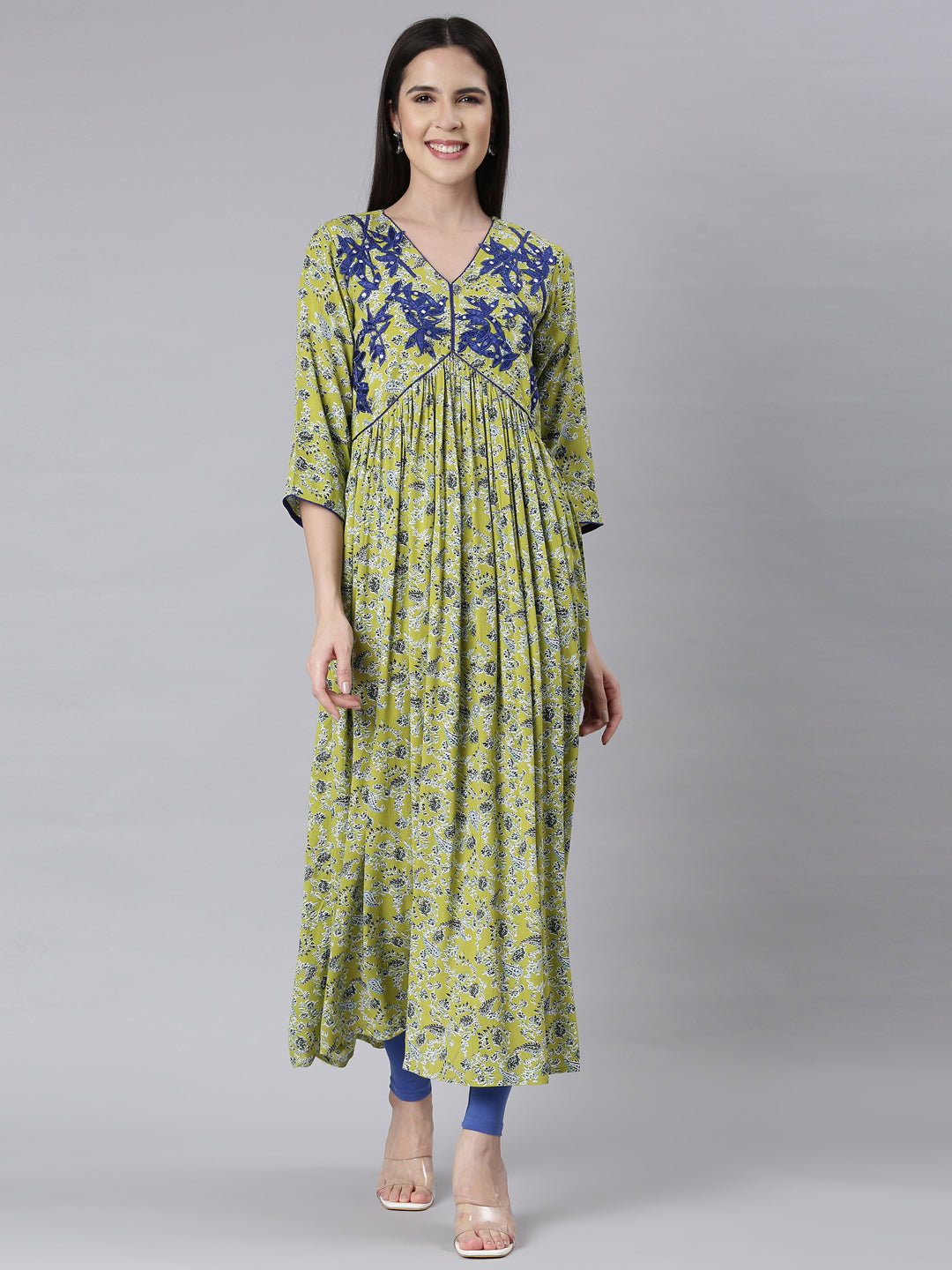 Neerus Green Asymmetric Casual Floral Maxi Dresses