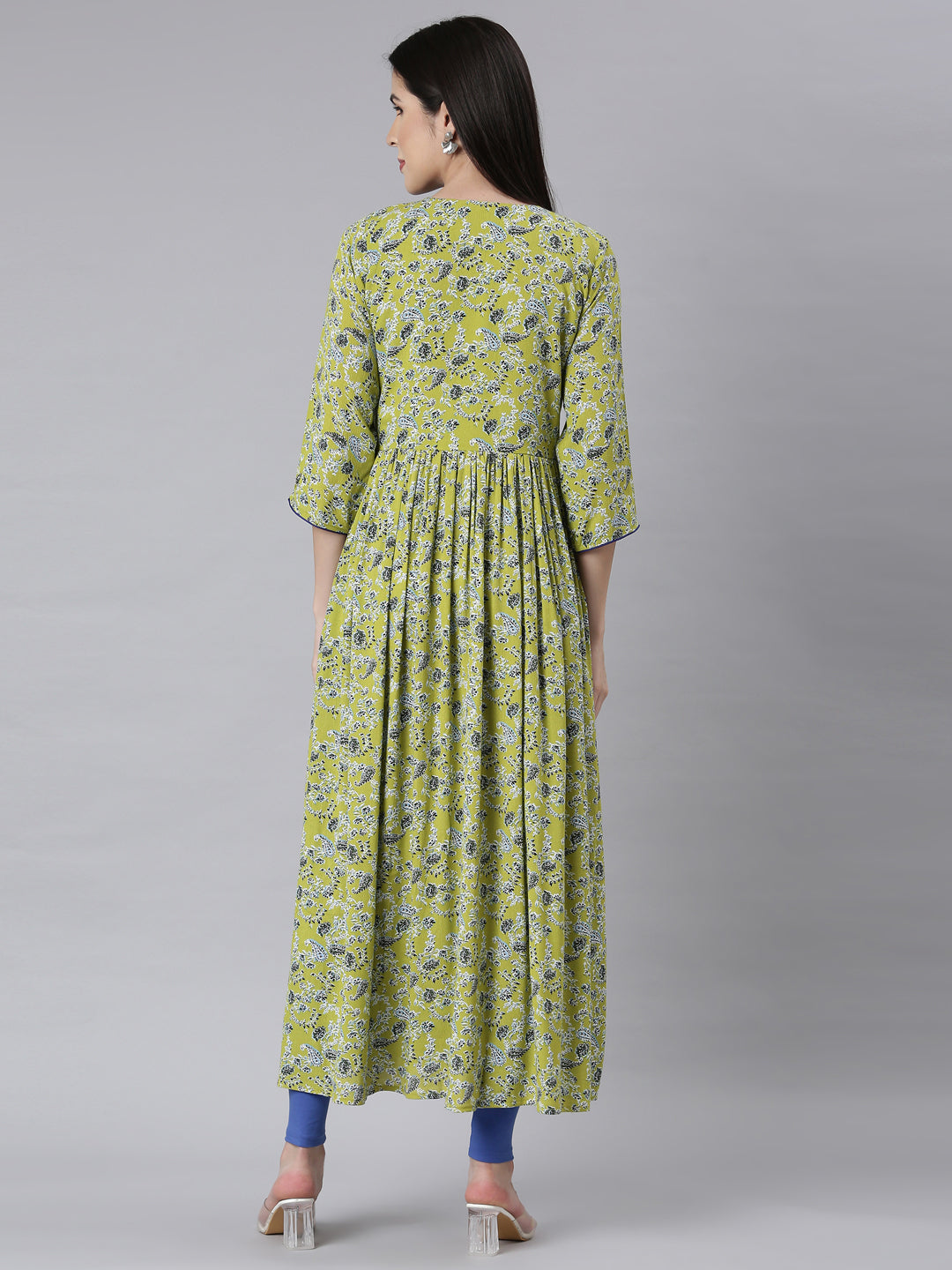 Neerus Green Asymmetric Casual Floral Maxi Dresses