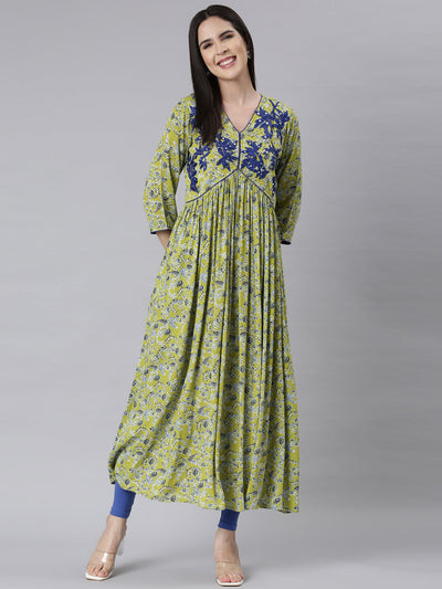 Neerus Green Asymmetric Casual Floral Maxi Dresses