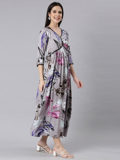 Neerus Gray Asymmetric Casual Floral Maxi Dresses