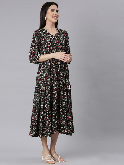 Neerus Black Curved Casual Floral Maxi Dresses