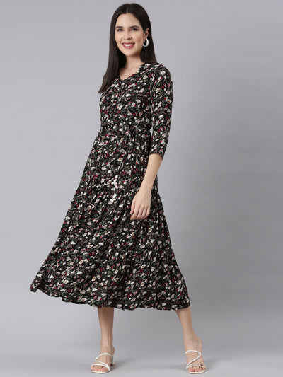 Neerus Black Curved Casual Floral Maxi Dresses