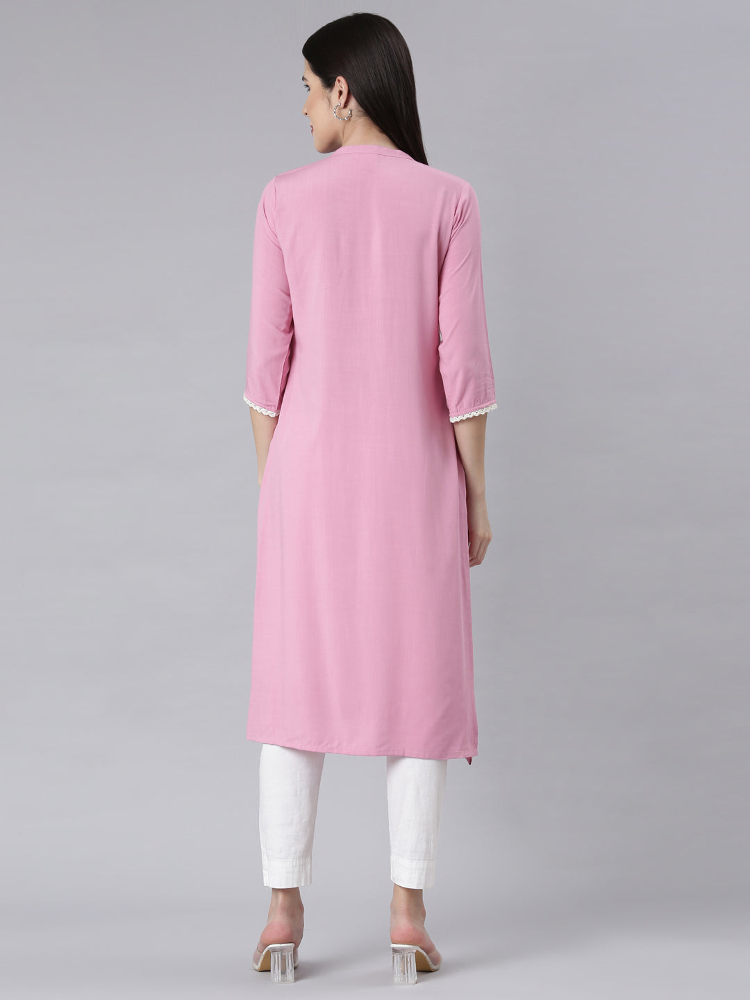 Neerus Baby Pink Panelled Straight Embellished Kurtas