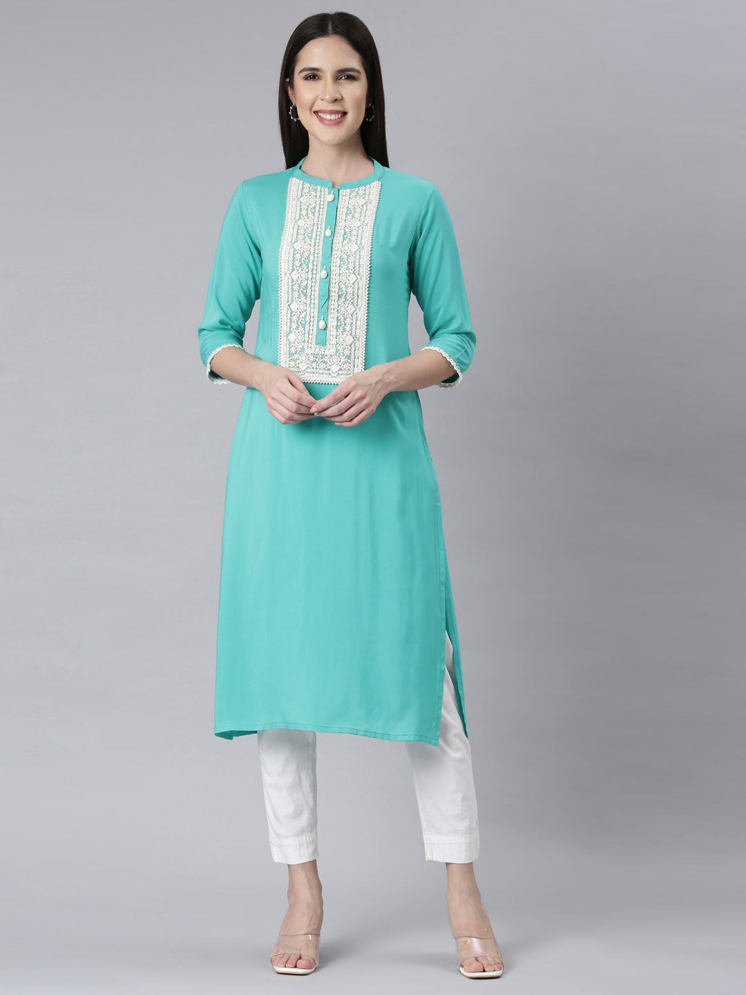 Neerus Rama Green Panelled Straight Embellished Kurtas