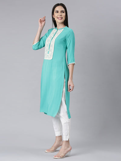 Neerus Rama Green Panelled Straight Embellished Kurtas