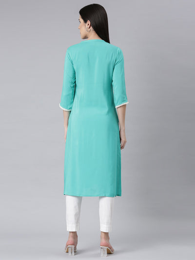 Neerus Rama Green Panelled Straight Embellished Kurtas