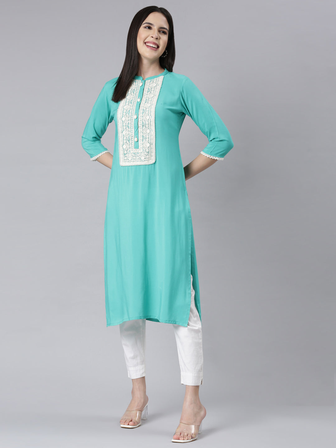 Neerus Rama Green Panelled Straight Embellished Kurtas