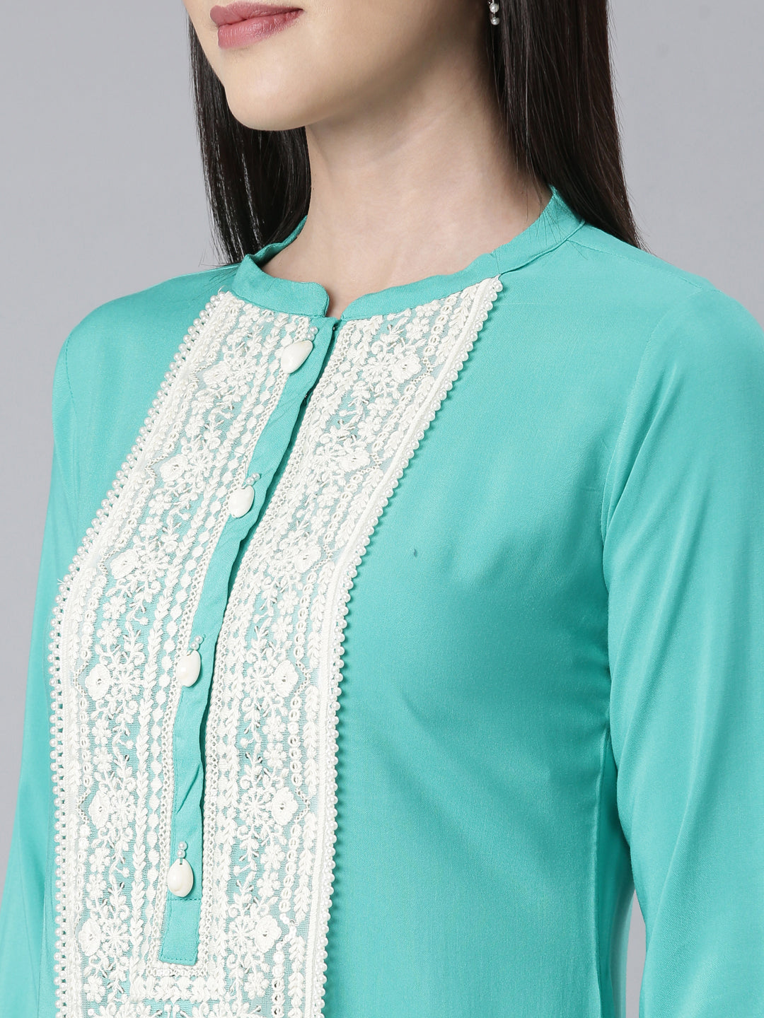 Neerus Rama Green Panelled Straight Embellished Kurtas