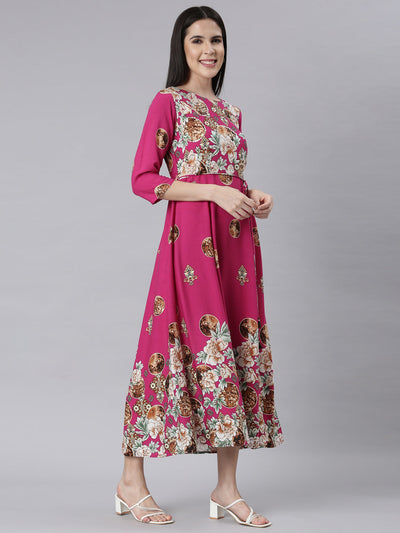 Neerus Magenta Curved Casual Floral Maxi Dresses